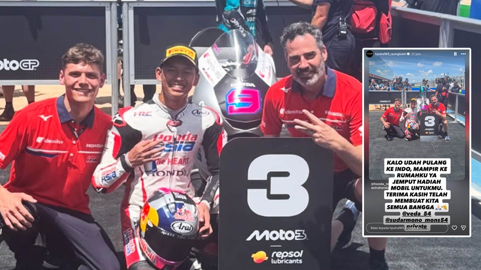Veda Ega Pratama Dijanjikan Hadiah Mobil dari Usai Raih Podium di Moto3